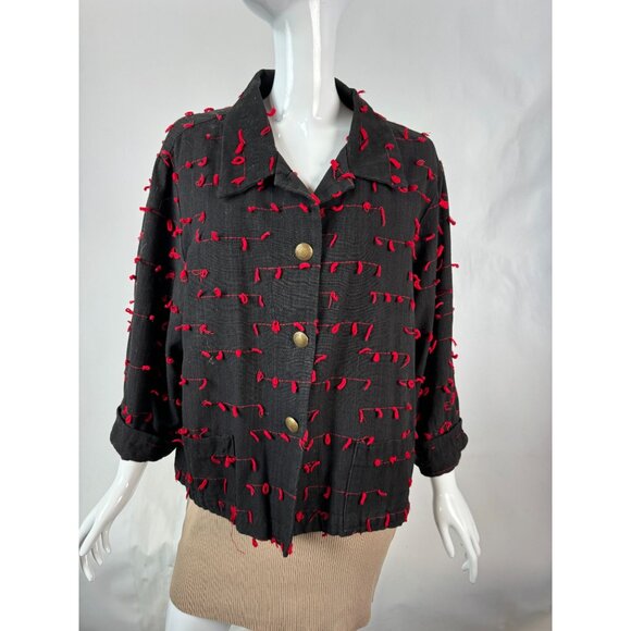 Vintage Black & Red Cactus Flower Jacket With Textured Knot Detailing & Brass Bu - Picture 11 of 16